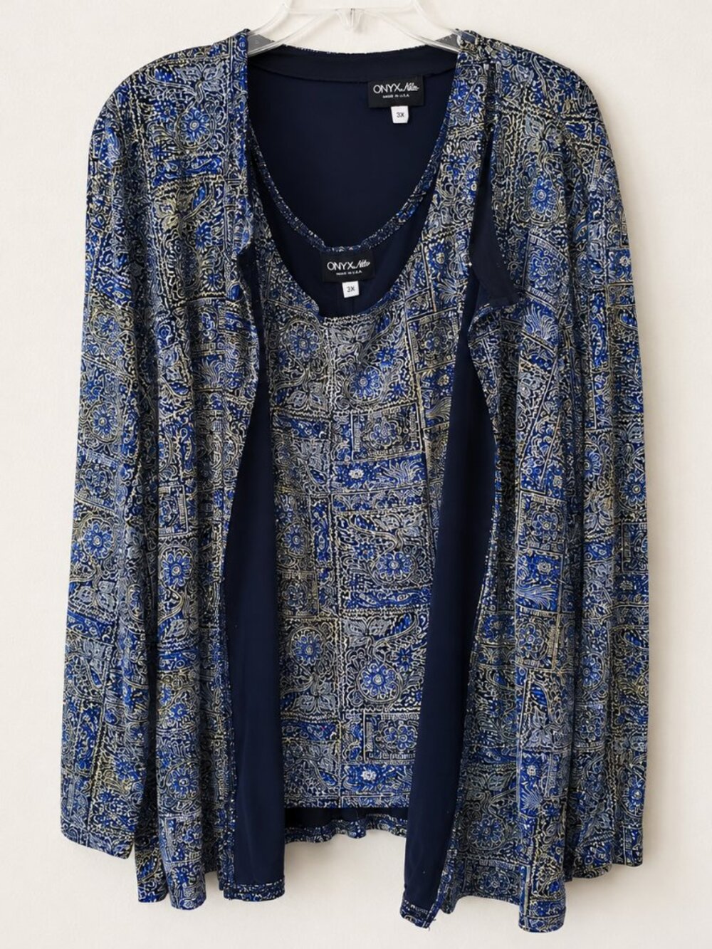 ONYX Nite Blue Vintage Metallic Patterned Twinset Cardigan & Shell Top SZ 3X